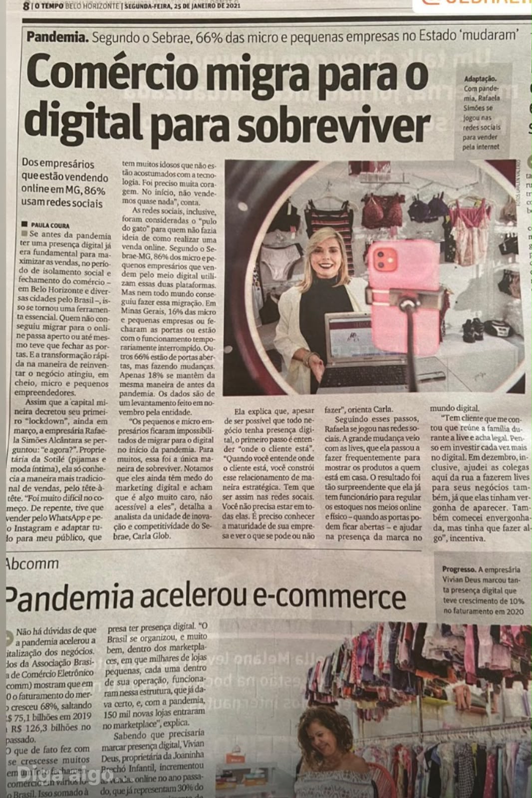 Matéria de jornal sobre comércio digital com Rafaela Alcantara